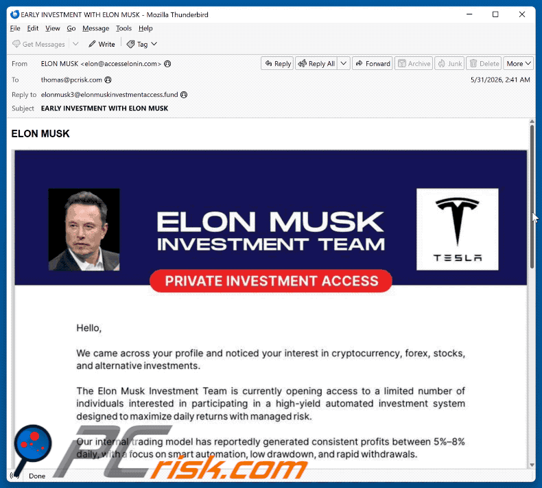 Pełny wygląd oszukańczego e-maila Elon Musk Investment Team
