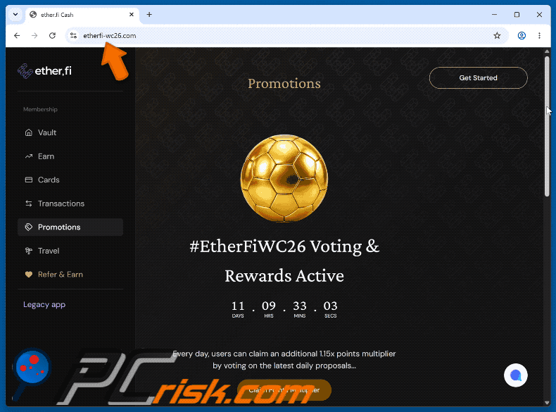 Wygląd oszustwa EtherFiWC26 Voting Rewards Scam (GIF)