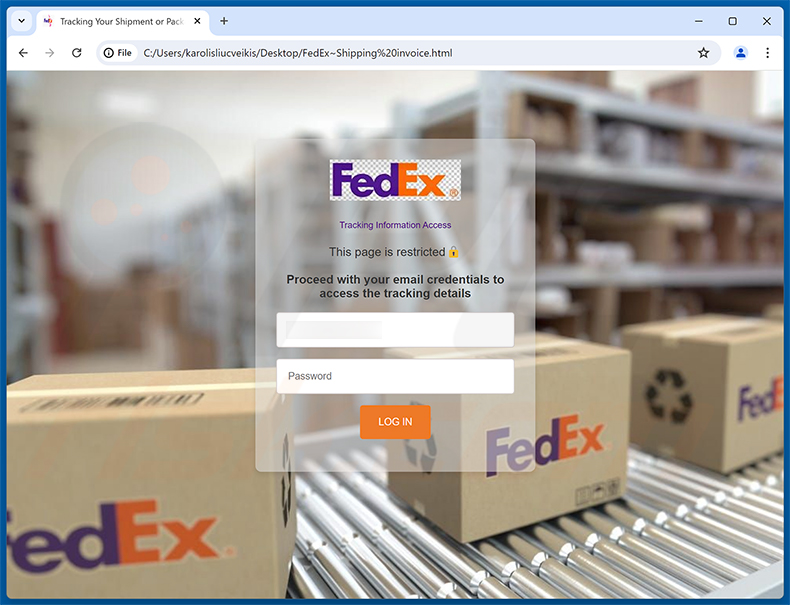 Strona phishingowa oszustwa e-mailowego FedEx Shipping Labels/Documents In PDF Format