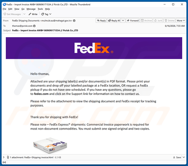 Kampania spamowa oszustwa e-mailowego FedEx Shipping Labels/Documents In PDF Format