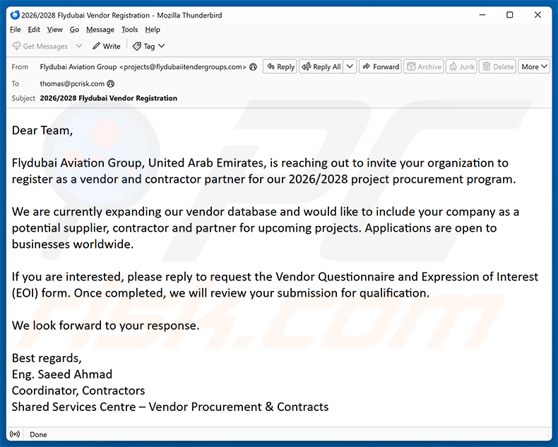 Kampania spamowa e-mail Flydubai Vendor Registration