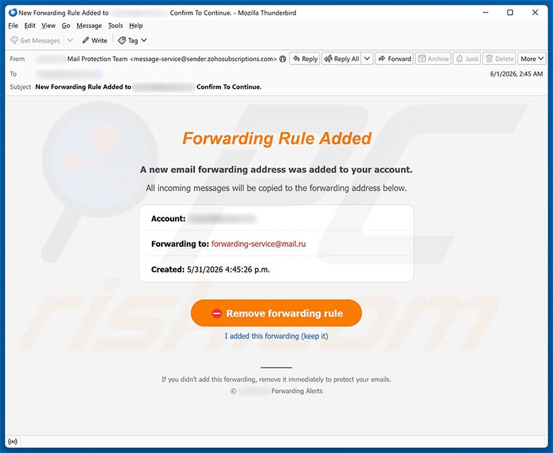 Kampania spamowa Forwarding Rule Added