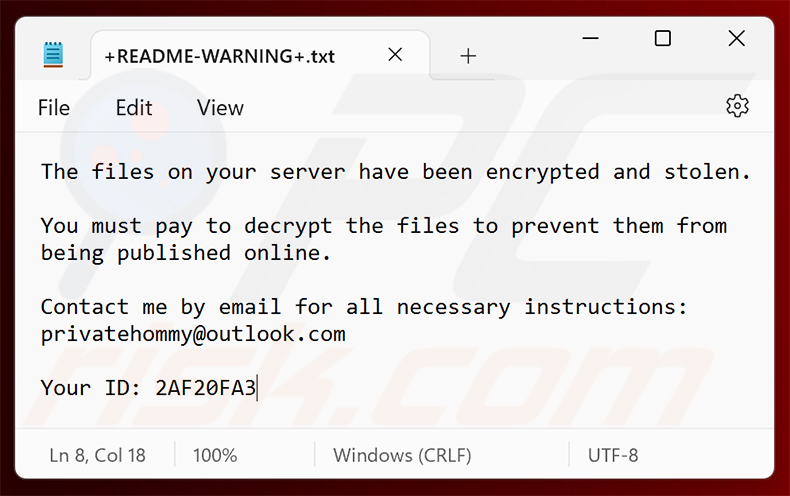 Żądanie okupu ransomware Hommy (+README-WARNING+.txt)