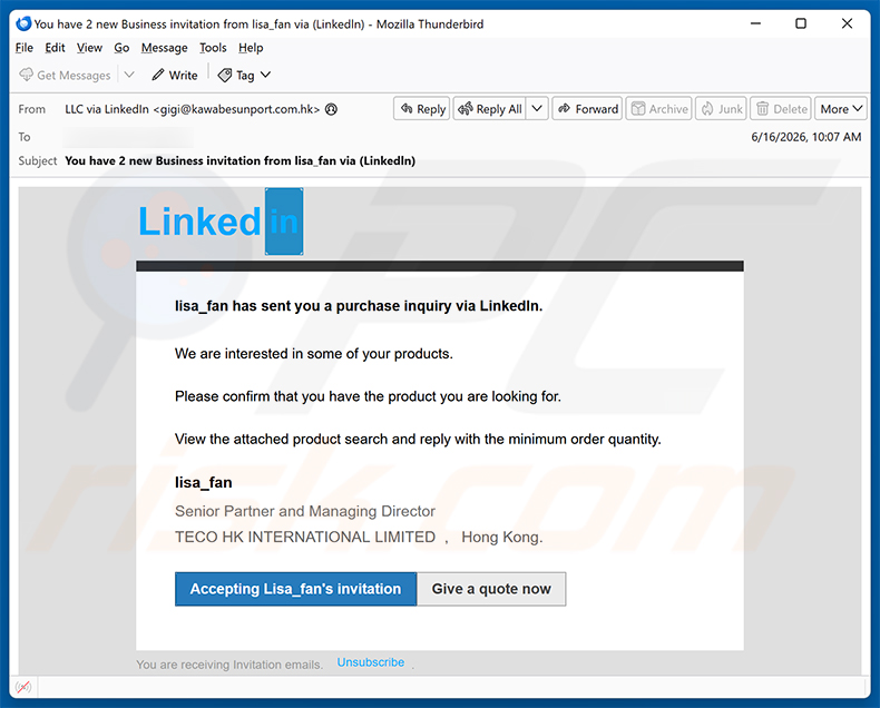 Kampania spamowa LinkedIn Purchase Inquiry oszustwo e-mailowe