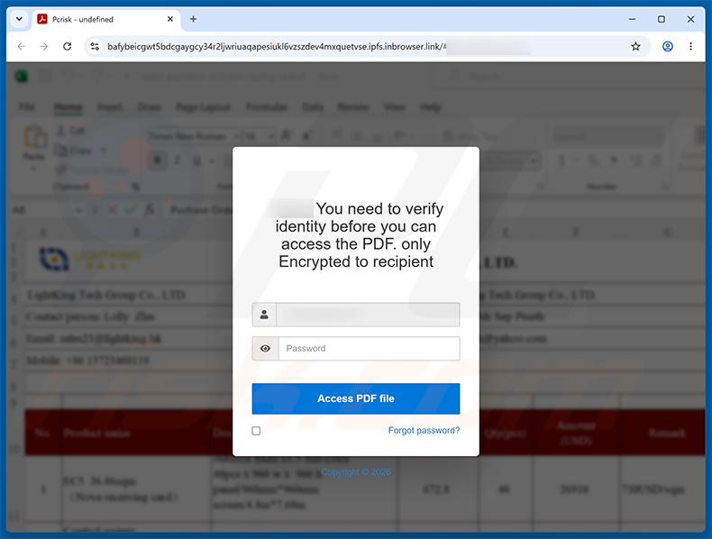 Strona phishingowa LinkedIn Purchase Inquiry oszustwo e-mailowe
