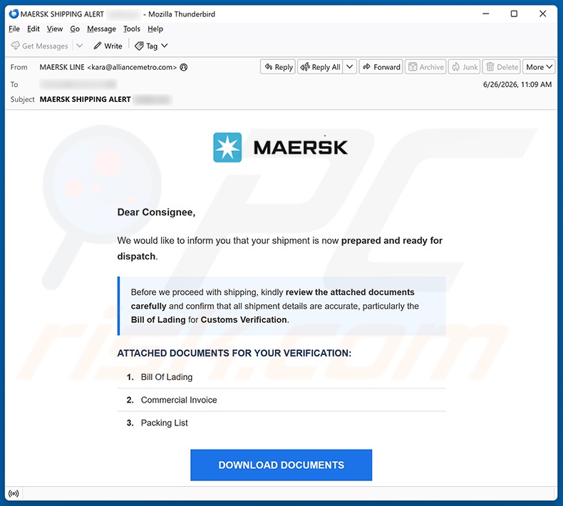 Kampania spamowa e-mail MAERSK Shipment Ready For Dispatch