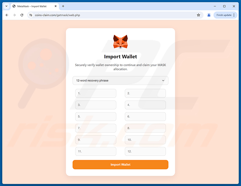 Strona phishingowa MetaMask ($MASK) Token Allocation (etap 3 - fałszywa strona Import Wallet)