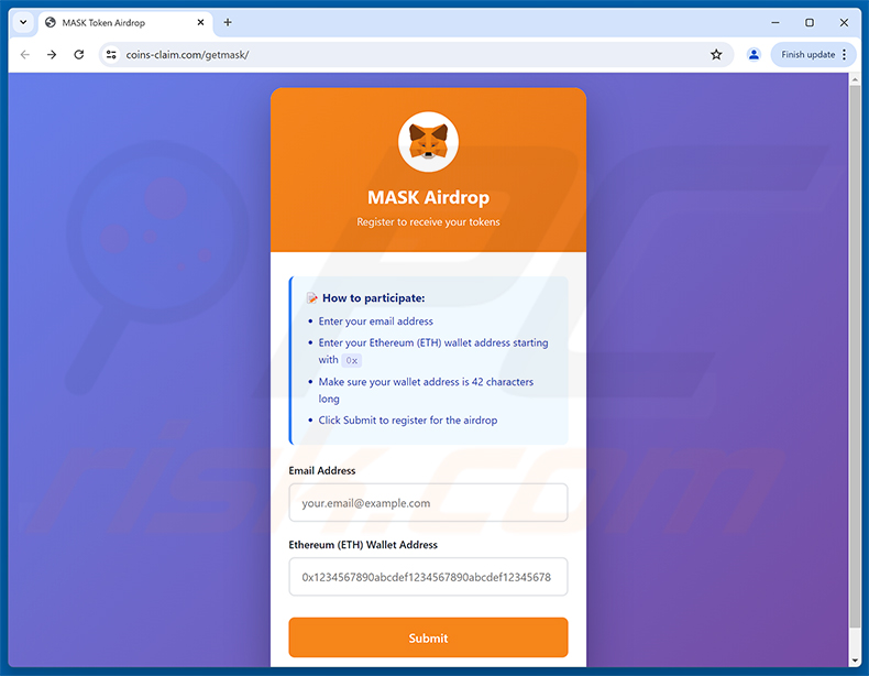 Strona phishingowa MetaMask ($MASK) Token Allocation (etap 1 - formularz rejestracyjny airdropu)
