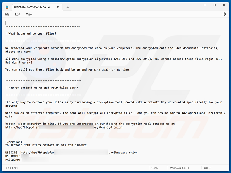 Żądanie okupu ransomware MORTAR (README-4RcrXfvVksS5ACA.txt)