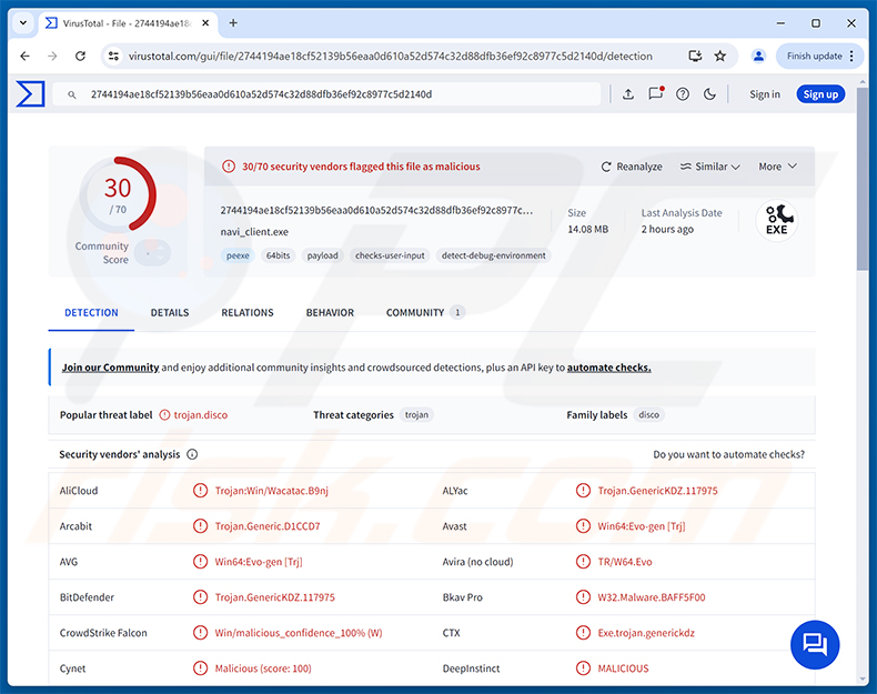 Wykrycia malware Navi RAT w serwisie VirusTotal