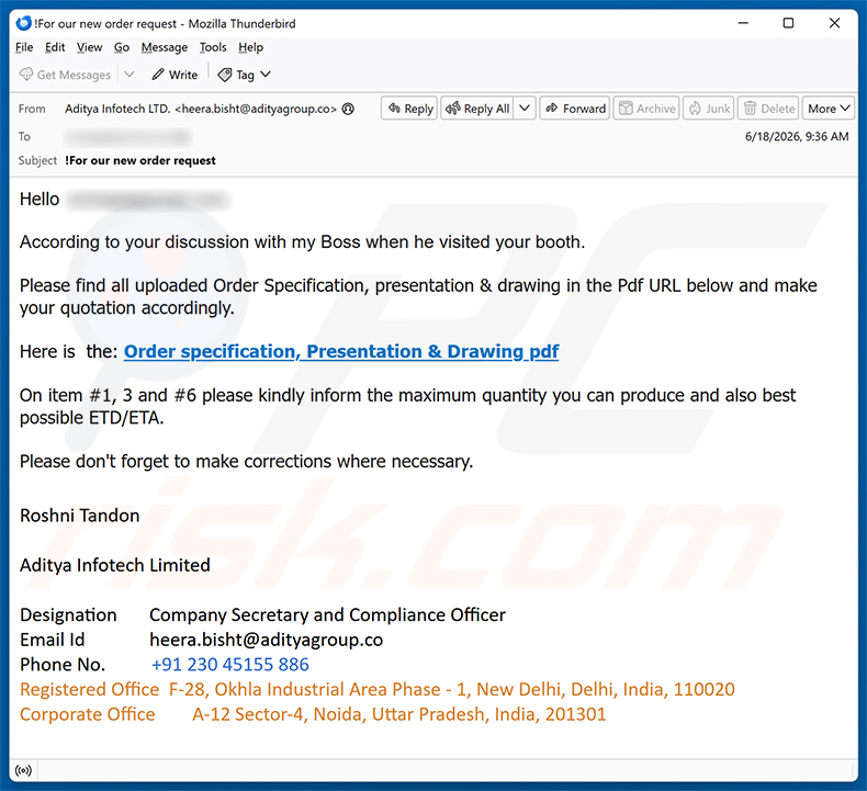 Order Specification, Presentation & Drawing oszustwo e-mailowe - kampania spamowa