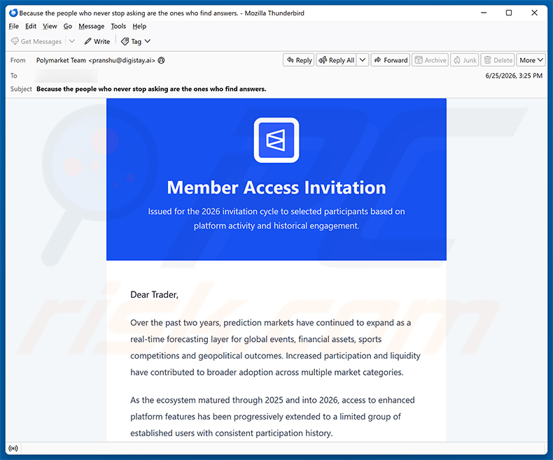 Kampania spamowa e-mail Polymarket Member Access Invitation