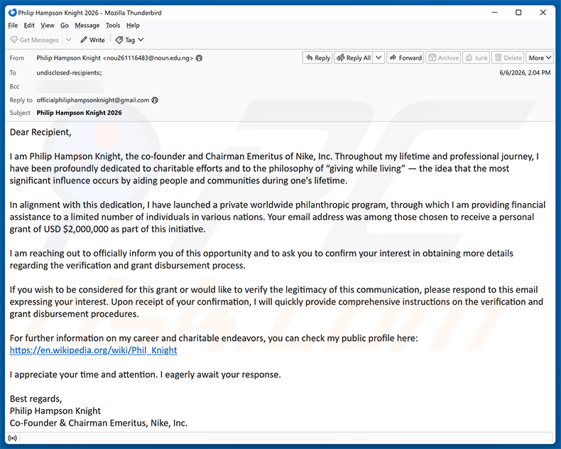 Kampania spamowa Private Worldwide Philanthropic Program