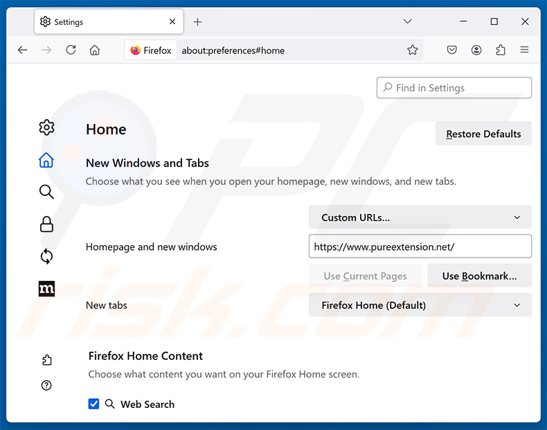 Usuwanie Pure Safety (pureextension.net) ze strony głównej Mozilla Firefox