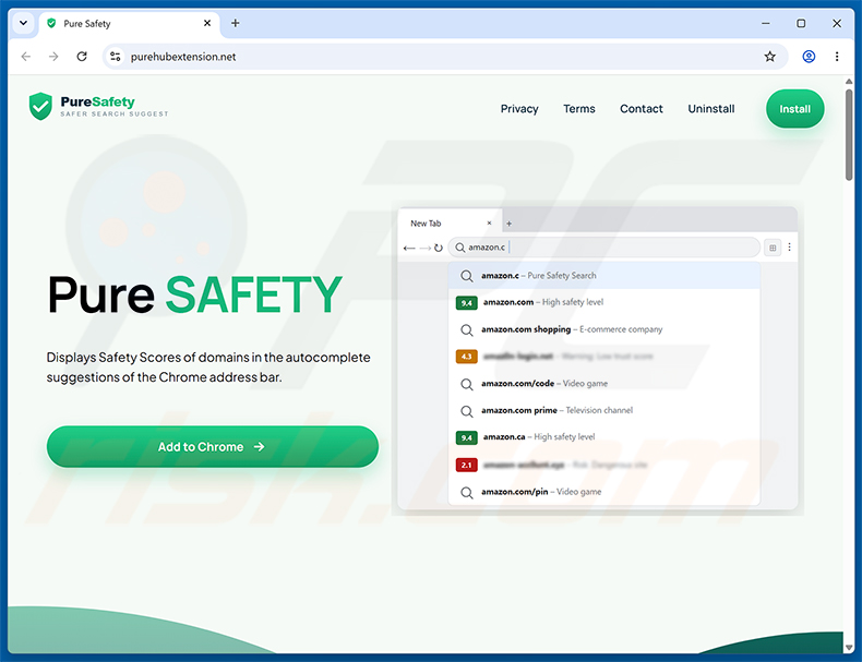 Oficjalna witryna promocyjna porywacza przeglądarki Pure Safety (pureextension.net) (próbka 1)