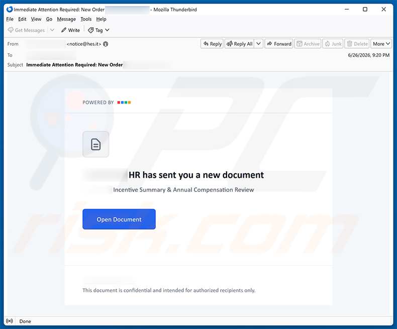 Oszustwo e-mailowe Secure Document From HR (2026-06-30)