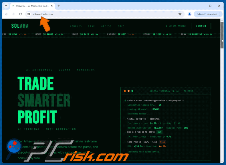 Wygląd oszustwa SOLARA — AI Memecoin Trading Terminal On Solana (GIF)