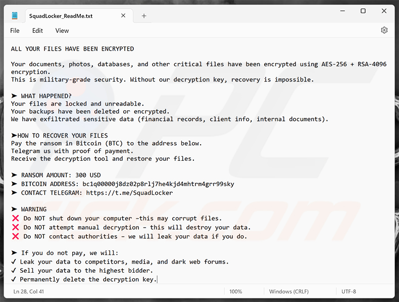 Żądanie okupu ransomware SquadLocker (SquadLocker_ReadMe.txt)
