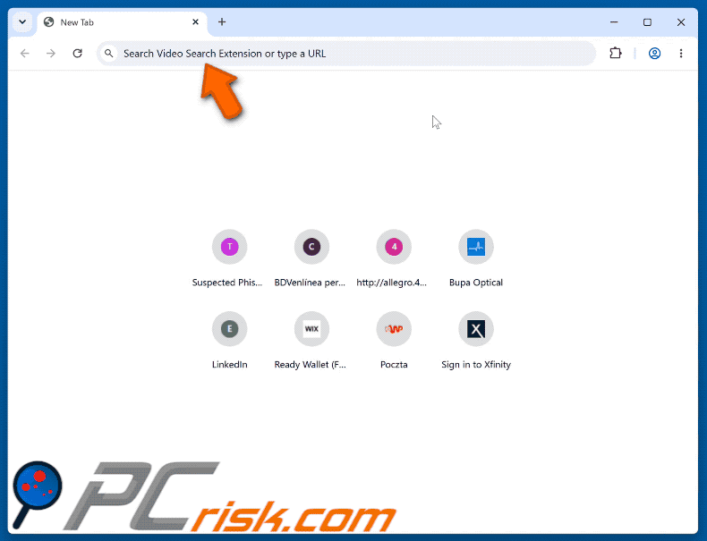Porywacz przeglądarki Video Search Extension (myvideolibrary.info) przekierowujący do Bing (GIF)