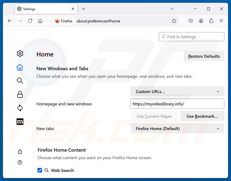 Usuwanie Video Search Extension (myvideolibrary.info) ze strony głównej Mozilla Firefox