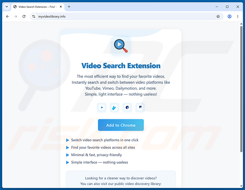 Strona internetowa promująca porywacza przeglądarki Video Search Extension (myvideolibrary.info)