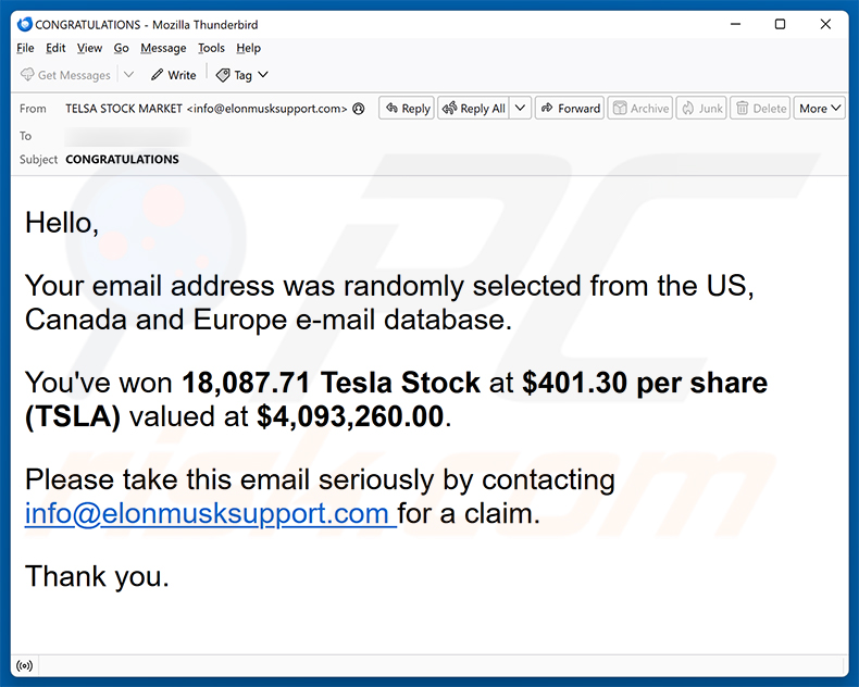 Kampania spamowa e-mail You've Won Tesla Stock