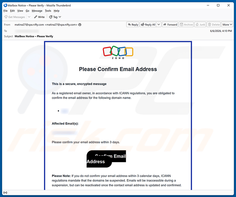 Kampania spamowa oszustwa e-mailowego Zoho Email Address Verification Scam