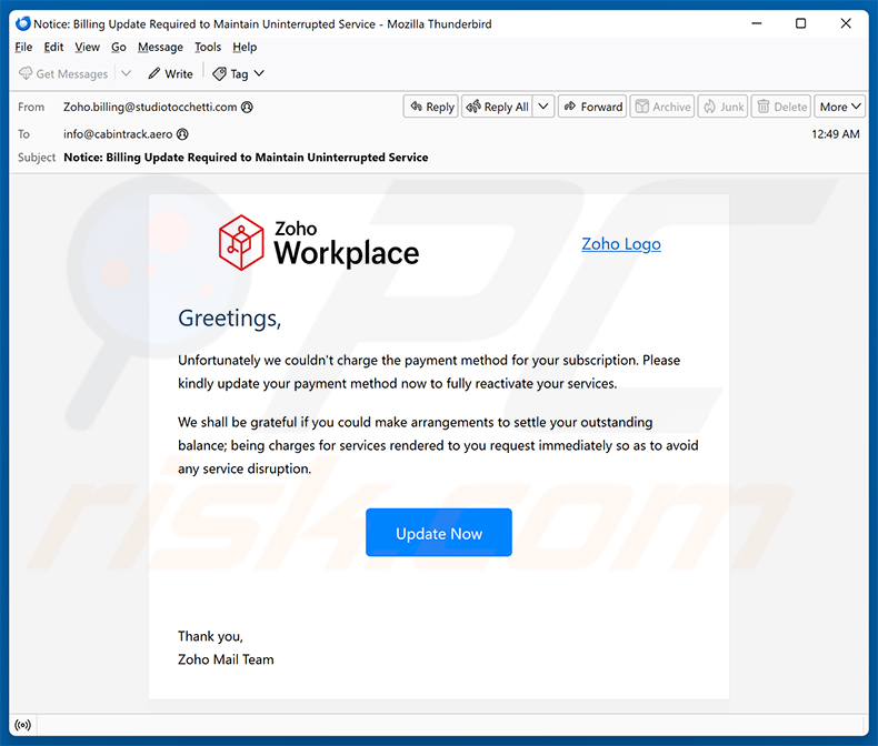 Kampania spamowa e-mail Zoho Workplace Payment Method Update