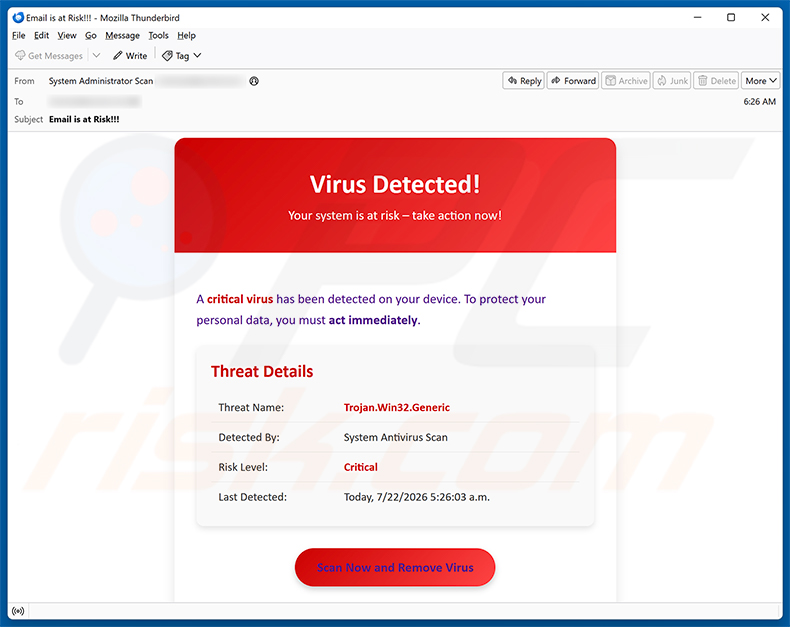 Kampania spamowa e-mail A Critical Virus Has Been Detected On Your Device oszustwo e-mailowe