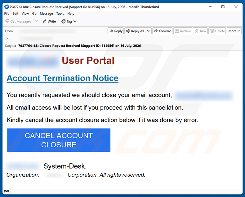 Kampania spamowa e-mail Account Termination Notice