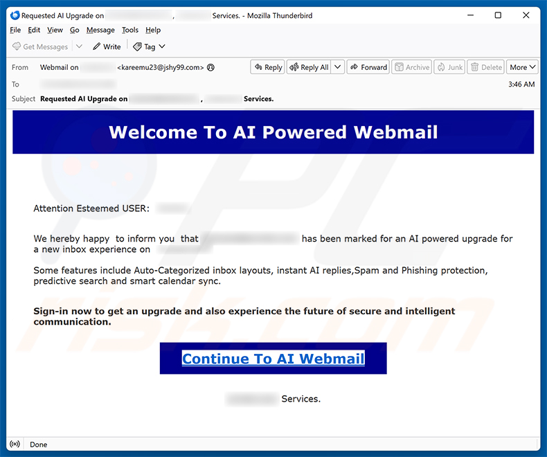 Kampania spamowa e-mail AI Powered Webmail Scam