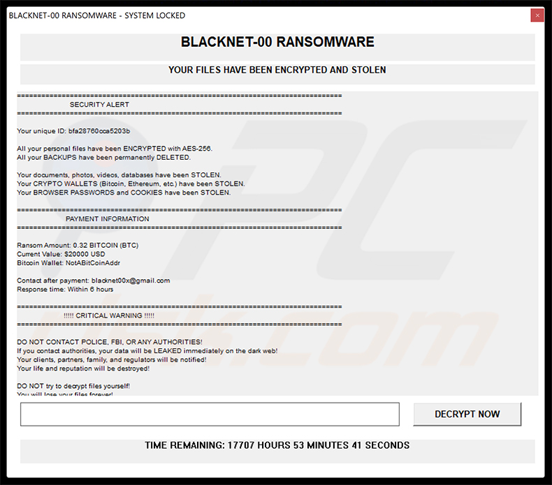 Okno pop-up ransomware BLACKNET