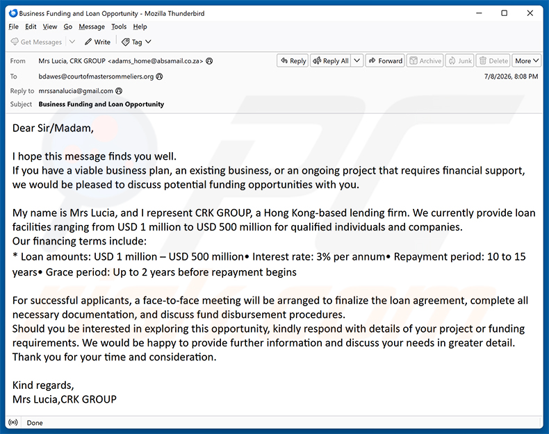 Kampania spamowa e-mail Business Funding Opportunities