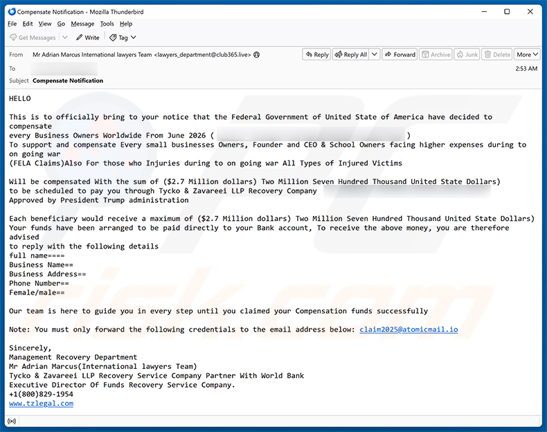 Kampania spamowa oszustwa e-mailowego Business Owner Compensation Email Scam