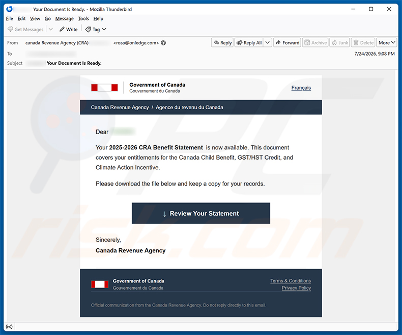 Kampania spamowa e-mailowa Canada Revenue Agency (CRA) Benefit Statement