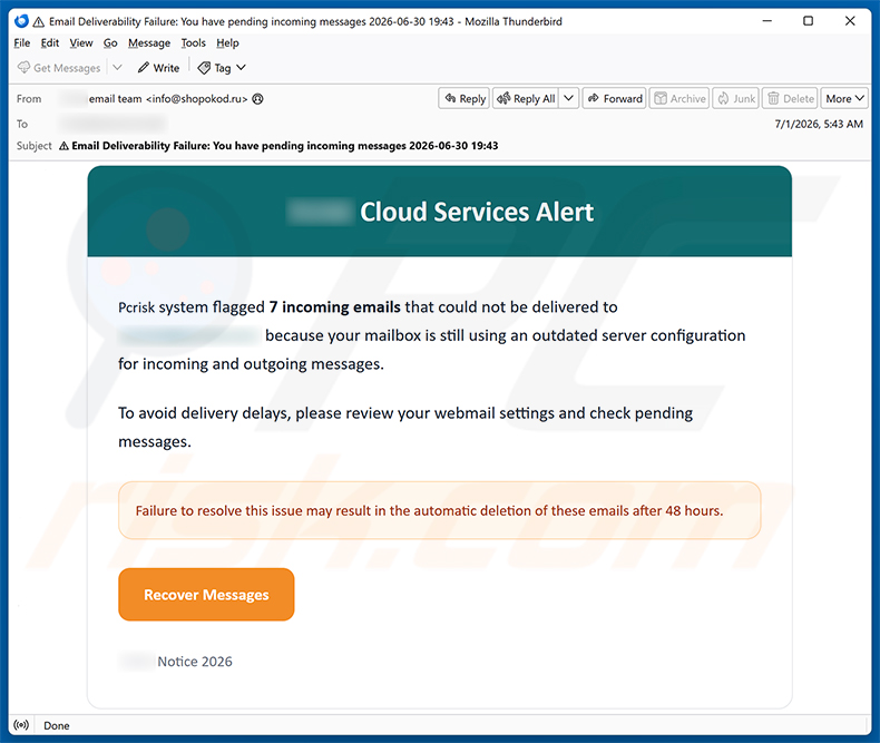 Kampania spamowa Cloud Services Alert