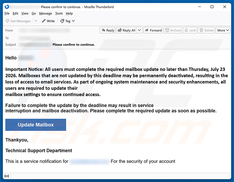 Complete The Required Mailbox Update oszustwo e-mailowe - kampania spamowa