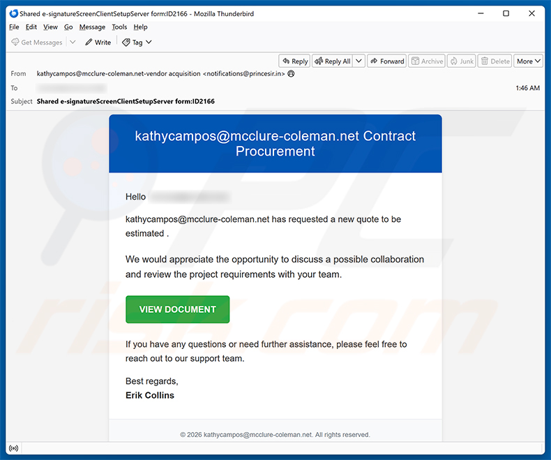 Kampania spamowa e-mail Contract Procurement Email Virus