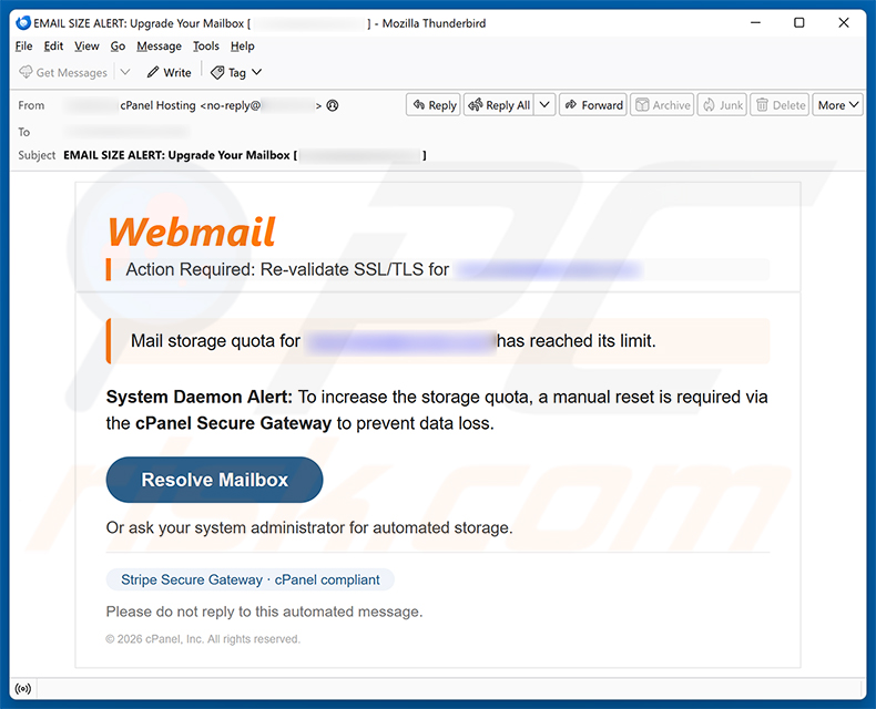Kampania spamowa e-mailowa cPanel - Re-validate SSL/TLS