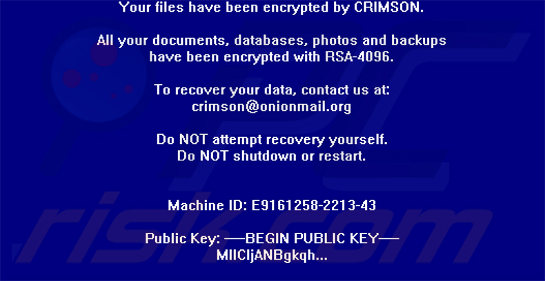 Notatka z żądaniem okupu ransomware CRIMSON (wiadomość na pełnym ekranie)