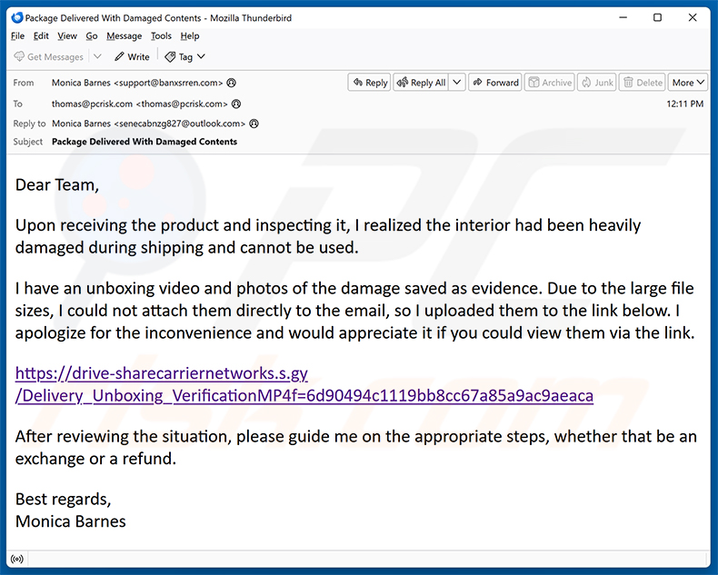 Kampania spamowa e-mailowa Damaged Package Email Virus