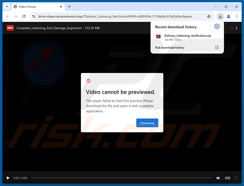 Złośliwa strona promowana przez kampanię spamową Damaged Package Email Virus