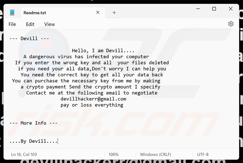 Żądanie okupu ransomware Devill (Readme.txt)