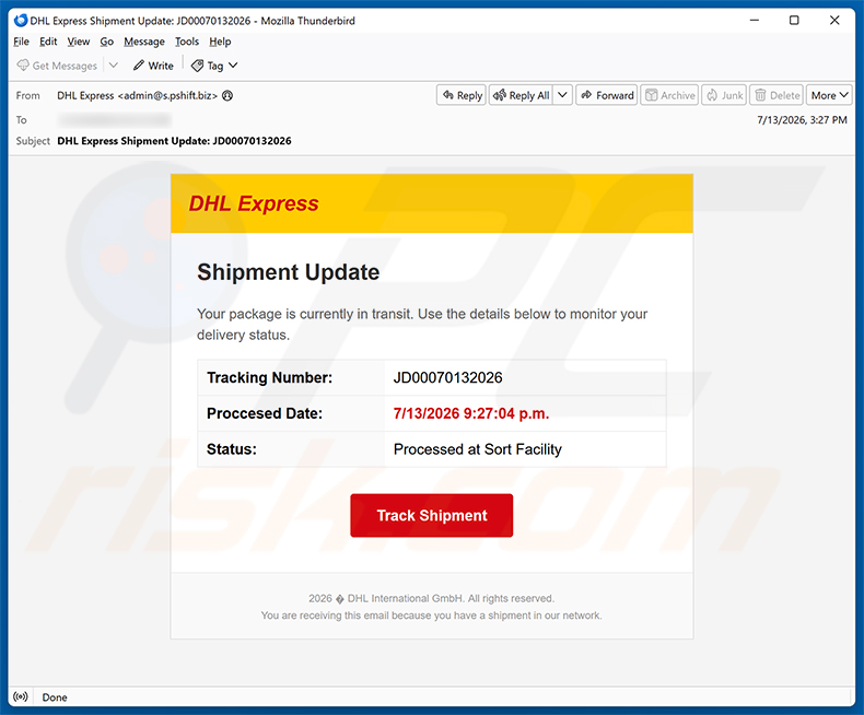 Kampania spamowa e-mail DHL Express Shipment Update