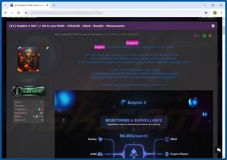 Wpis na forum hakerskim promujący Dolphin X RAT
