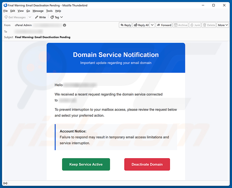 Kampania spamowa e-mail Domain Service Deactivation