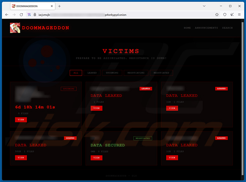 Strona wycieku danych ransomware Doommageddon