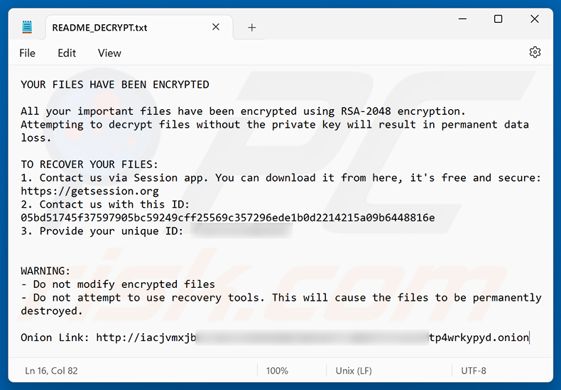 Żądanie okupu ransomware Doommageddon (README_DECRYPT.txt)