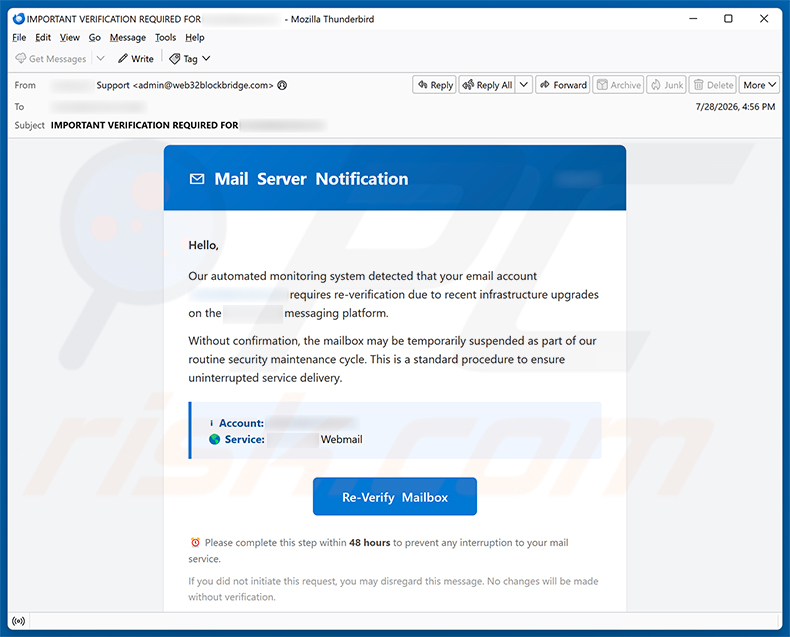 Kampania spamowa e-mail Email Account Requires Re-Verification Scam