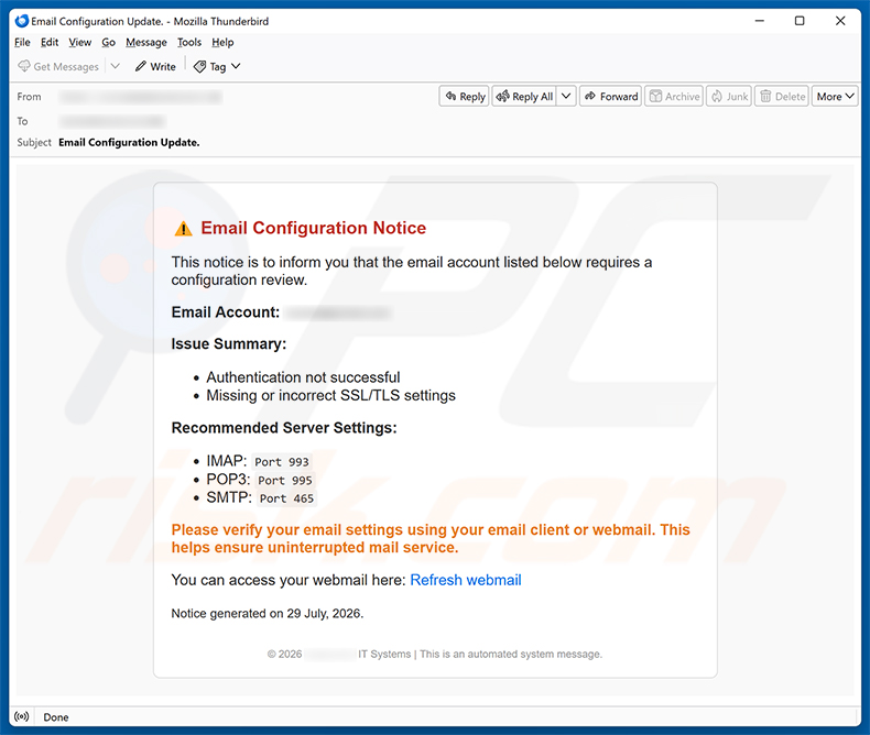 Kampania spamowa e-mail Email Configuration Notice oszustwo